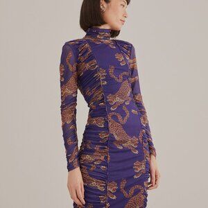 Navy Blue Leopards  High Neck Midi Dress